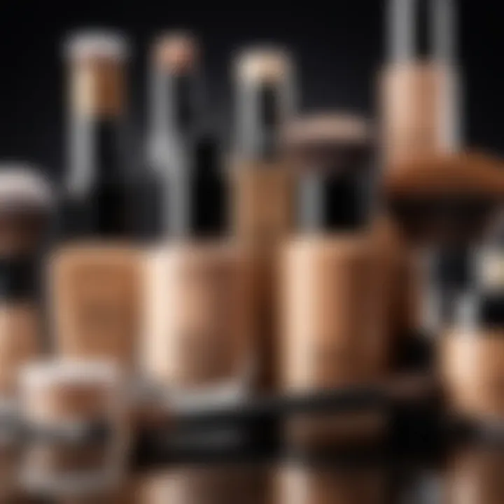 An arrangement of various foundation products and brushes.