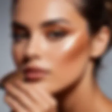 A model applying bronzer with a brush on her cheeks.