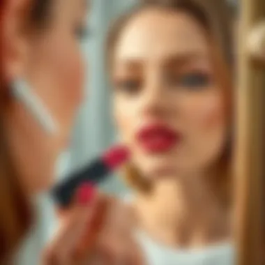 Applying Matte Liquid Lipstick Woman applying matte liquid lipstick in front of a mirror