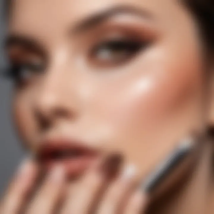 Close-up of a hand applying makeup using neutral tones