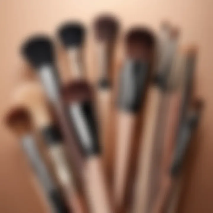 An artistic arrangement of makeup brushes and neutral-hued cosmetics