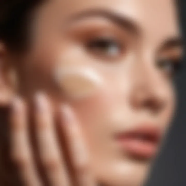 Close-up view of a hand applying foundation on fair skin, demonstrating seamless blending.