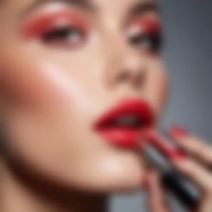 Close-up of a model applying lipstick in a flattering shade