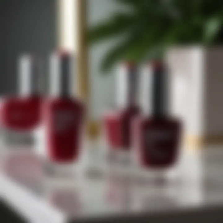 Elegant display of burgundy red nail polish on a vanity