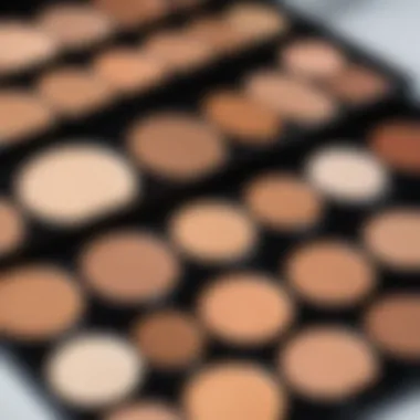 A close-up view of various foundation shades on a palette