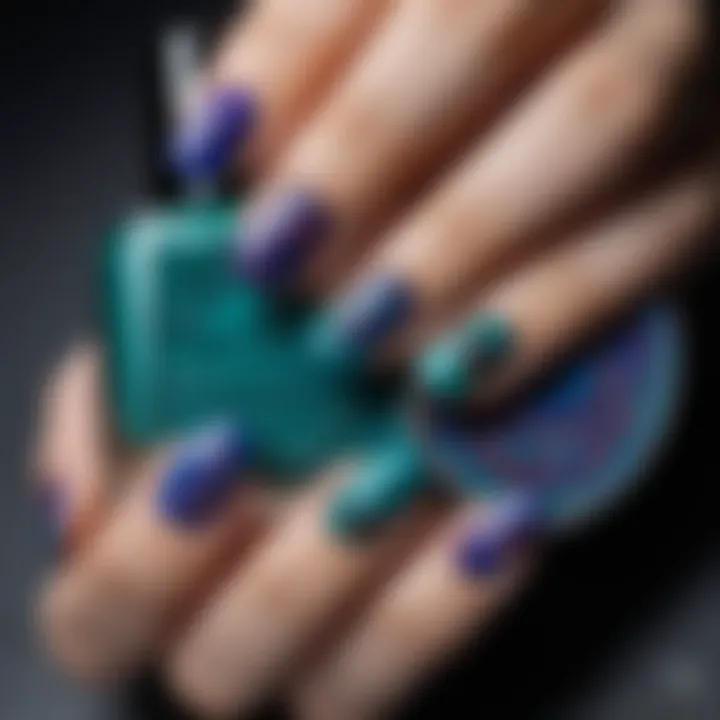 Close-up of nail art featuring intricate designs with complementary colors