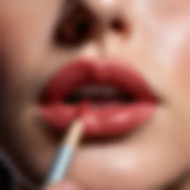 A close-up of a lip pencil being applied to the lips for definition.