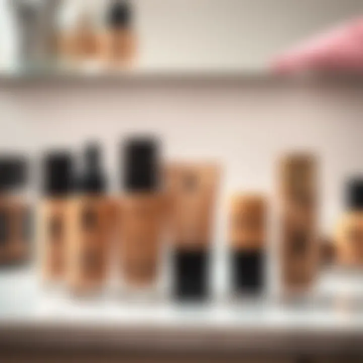 A selection of foundation bottles on a vanity