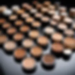 Various shades of coverage foundation displayed on a table