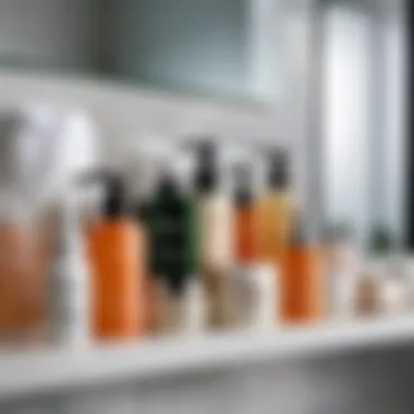 Close-up of various skincare products on a bathroom shelf