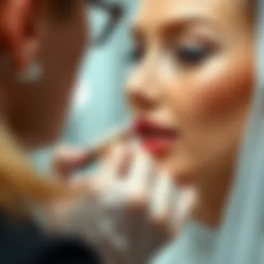 An artist applying lipstick on model's lips in a stylish setting.