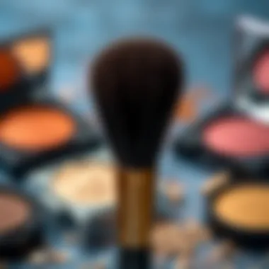An elegant powder brush with colorful eye shadows in the background
