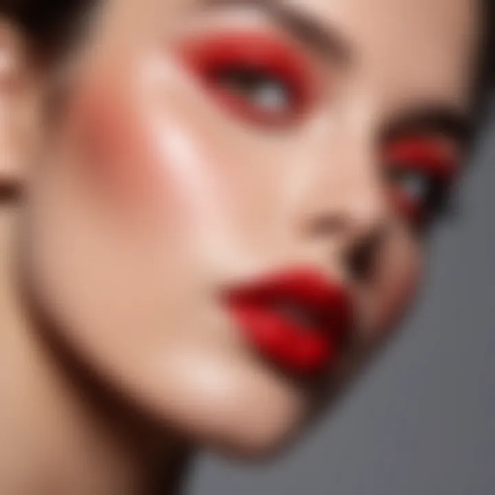 A serene portrait showcasing a model wearing open red lipstick, highlighting its elegance and appeal.