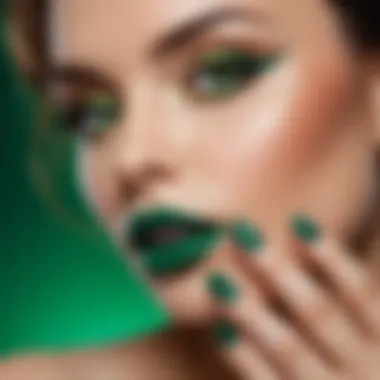 An artistic arrangement of emerald green nail polish alongside complementary beauty products