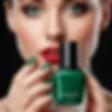 A close-up view of emerald green nail polish bottle with a sleek design