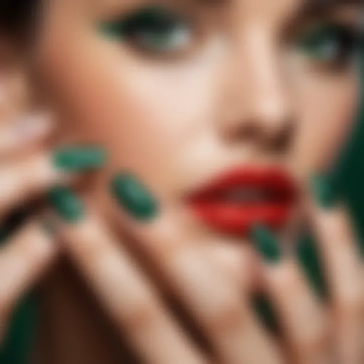 A beautifully manicured hand showcasing emerald green nails against a textured background