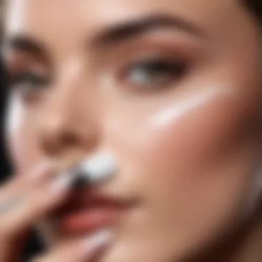 Close-up of a person applying primer to their skin with precision.