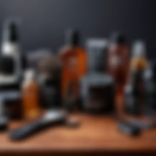 A variety of male grooming products arranged aesthetically.