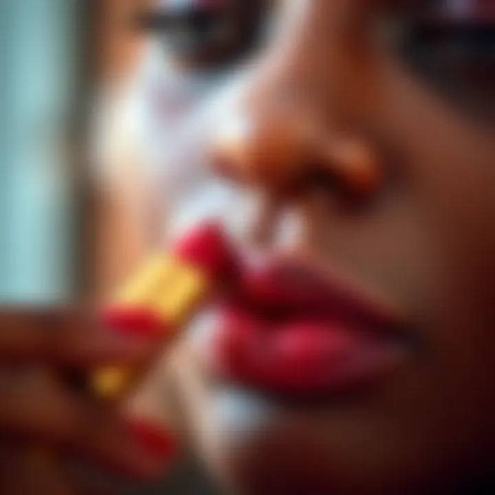 A close-up of applying lipstick on brown skin