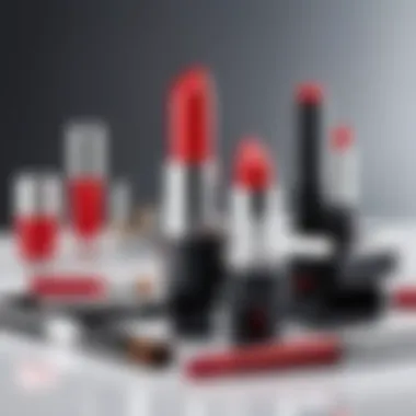 An elegant cosmetic application kit featuring red lipstick and essential tools.