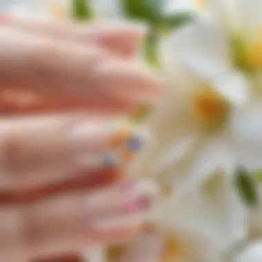 Close-up of a French almond nail with delicate floral accents