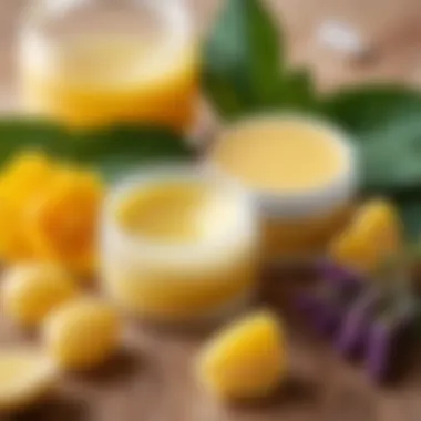 Close-up of organic lip balm ingredients such as beeswax, shea butter, and essential oils