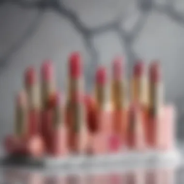 An artistic display of blush and nude lip products on a marble surface.