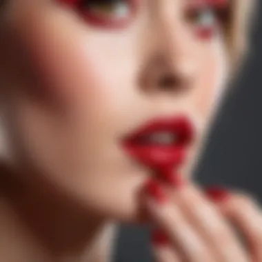 Close-up view of a deep crimson nail polish with a brush poised for application.