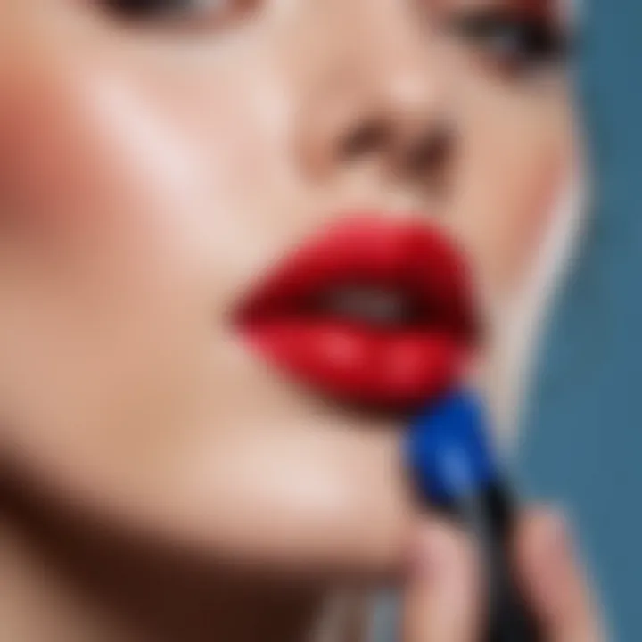 A close-up of a model applying blue-toned red lipstick in natural light