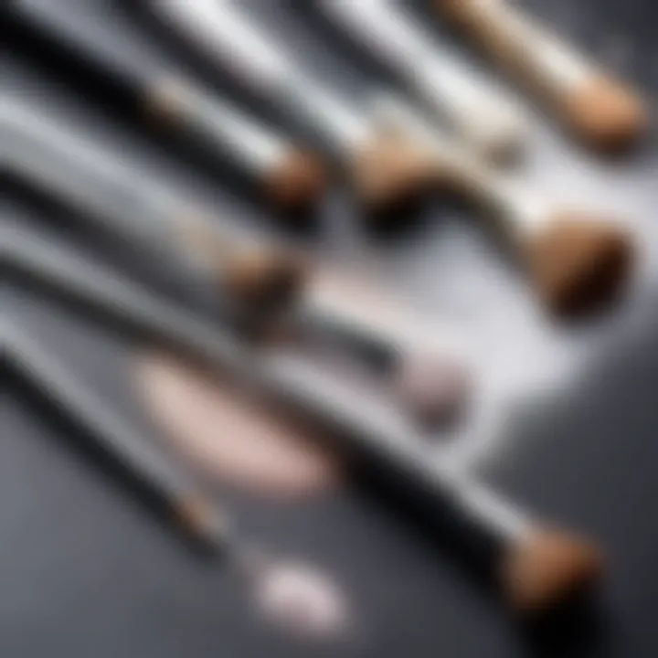 An array of brushes and tools for applying white glitter eyeshadow.