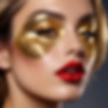 Vibrant eye makeup featuring gold and glitter accents complemented by bold red lips