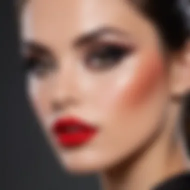 Elegant eye makeup showcasing a smoky look paired with red lipstick