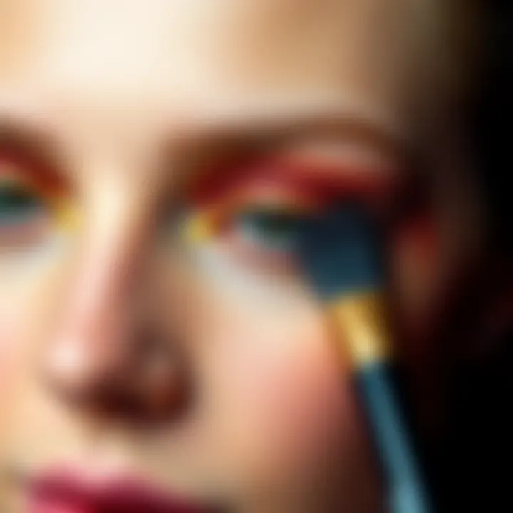 An artistic depiction of a makeup brush applying eyeshadow on eyelids, illustrating precision in application