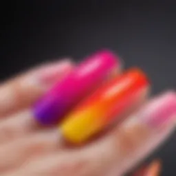 A close-up view of nails painted with a gradient effect