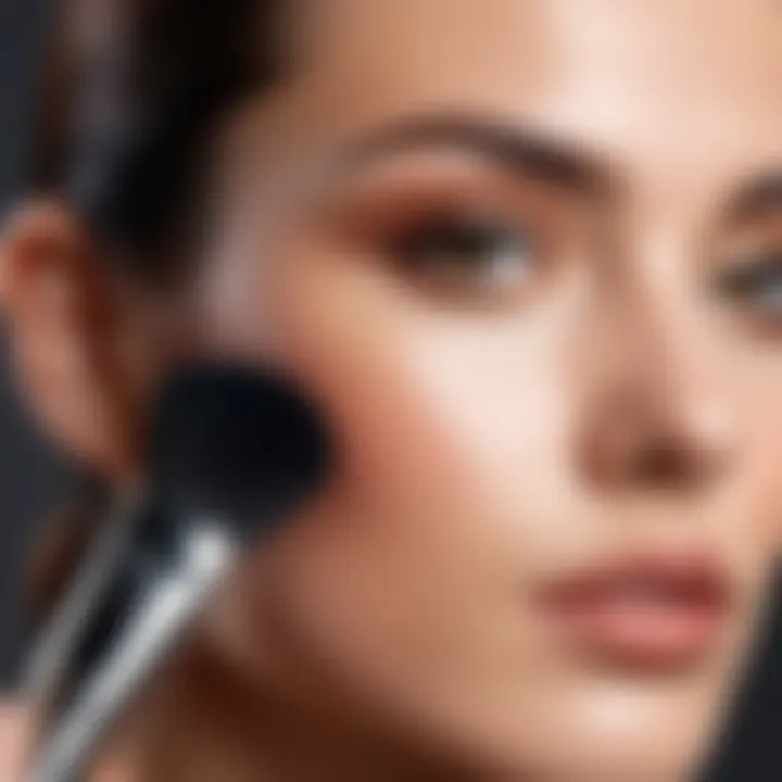 A close-up of a foundation brush in action applying makeup on a flawless skin