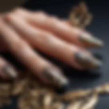 Close-up of nails with intricate designs complementing French style