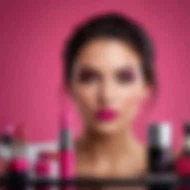 Fuchsia lipstick alongside makeup essentials on a vanity