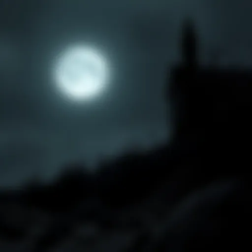 A dark, atmospheric goth-inspired landscape with a full moon