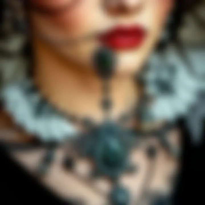 A close-up of gothic fashion accessories, including jewelry and clothing