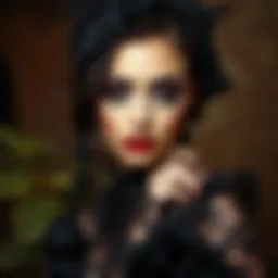 A dramatic Gothic-inspired fashion ensemble featuring intricate lace and dark fabrics.