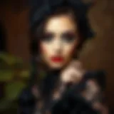 Dramatic Gothic Fashion Ensemble A dramatic Gothic-inspired fashion ensemble featuring intricate lace and dark fabrics.