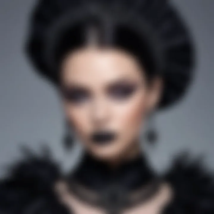 A fashion model adorned in a Gothic-inspired outfit with dark colors and dramatic accessories