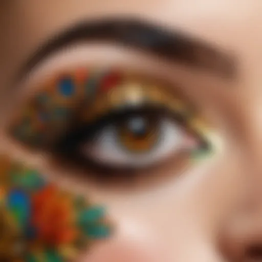 A captivating close-up of a beautifully done eye makeup featuring vibrant colors and intricate designs.