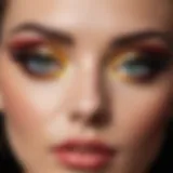 A close-up of elegant eye makeup showcasing intricate designs and vibrant colors.