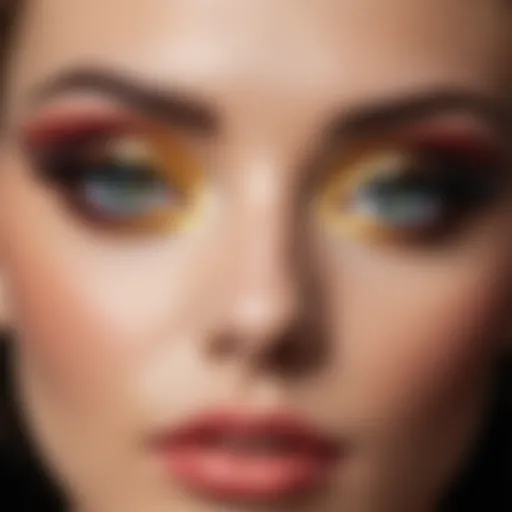 A close-up of elegant eye makeup showcasing intricate designs and vibrant colors.