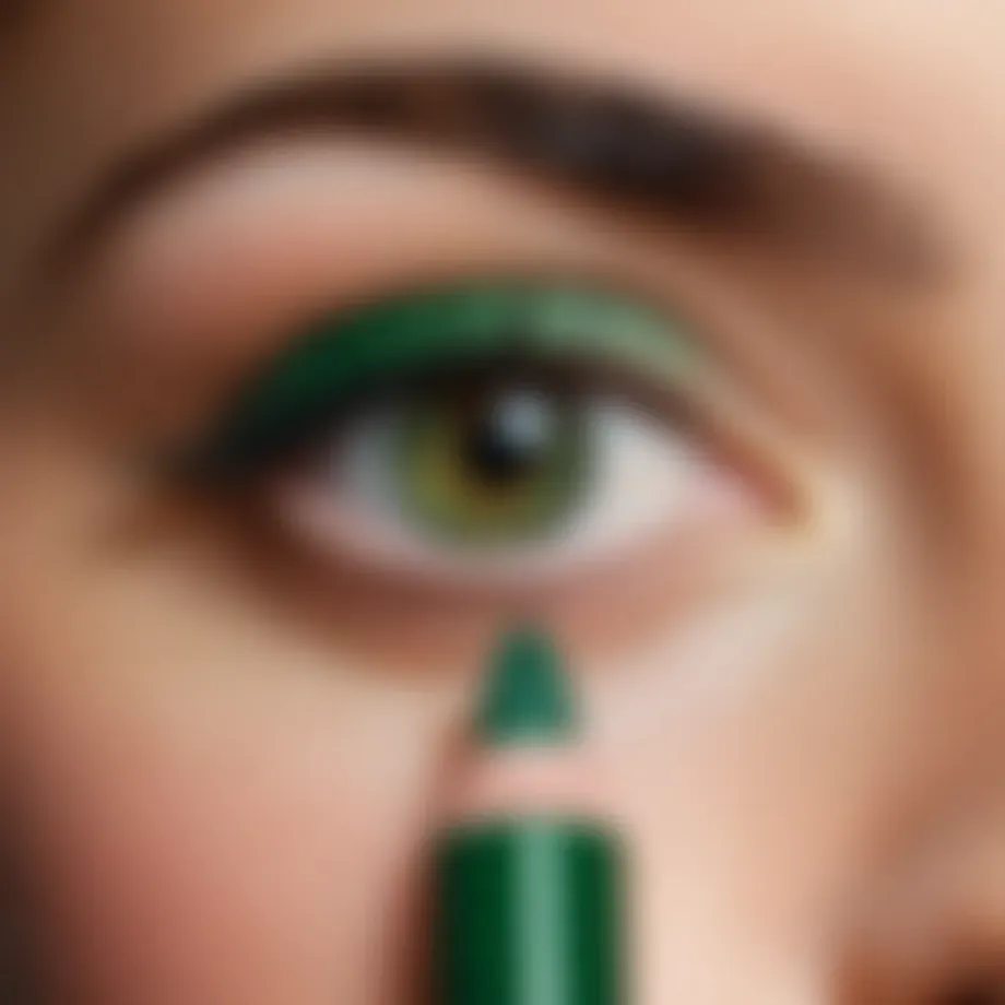 Close-up of green eye pencil swatch on a hand