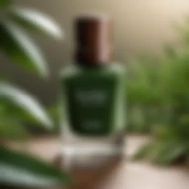 Elegance of Haki Green Nail Polish Elegant display of Haki green nail polish bottle with natural elements