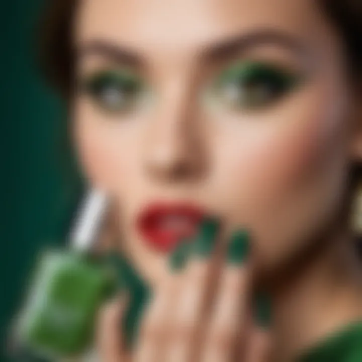 Trendy Haki green nail polish with fashion accessories