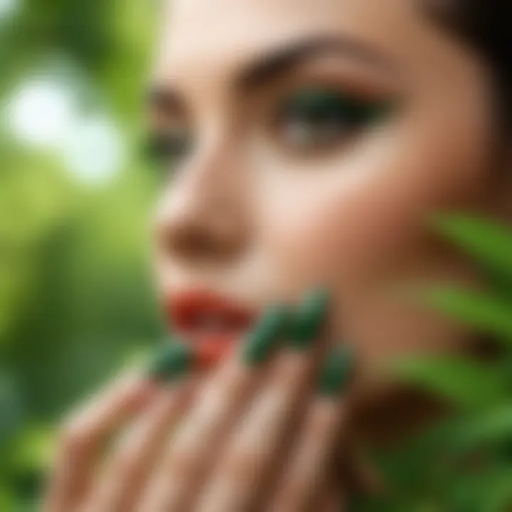 Artistic representation of Haki green nails against a natural backdrop