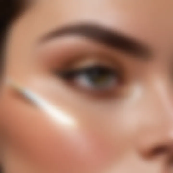 A makeup brush applying highlighter to the brow bone for a lifted look